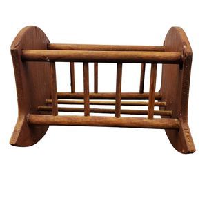 Vintage Dollhouse Furniture Brown Wood Rocking Cradle Crib 4" Long